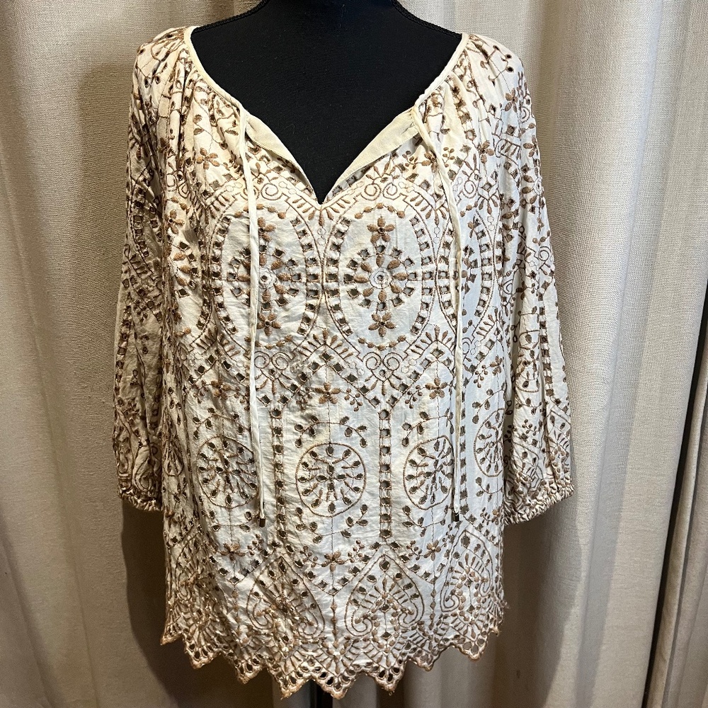 Lauren Ralph Lauren Embroidered Boho Peasant Blouse Size L